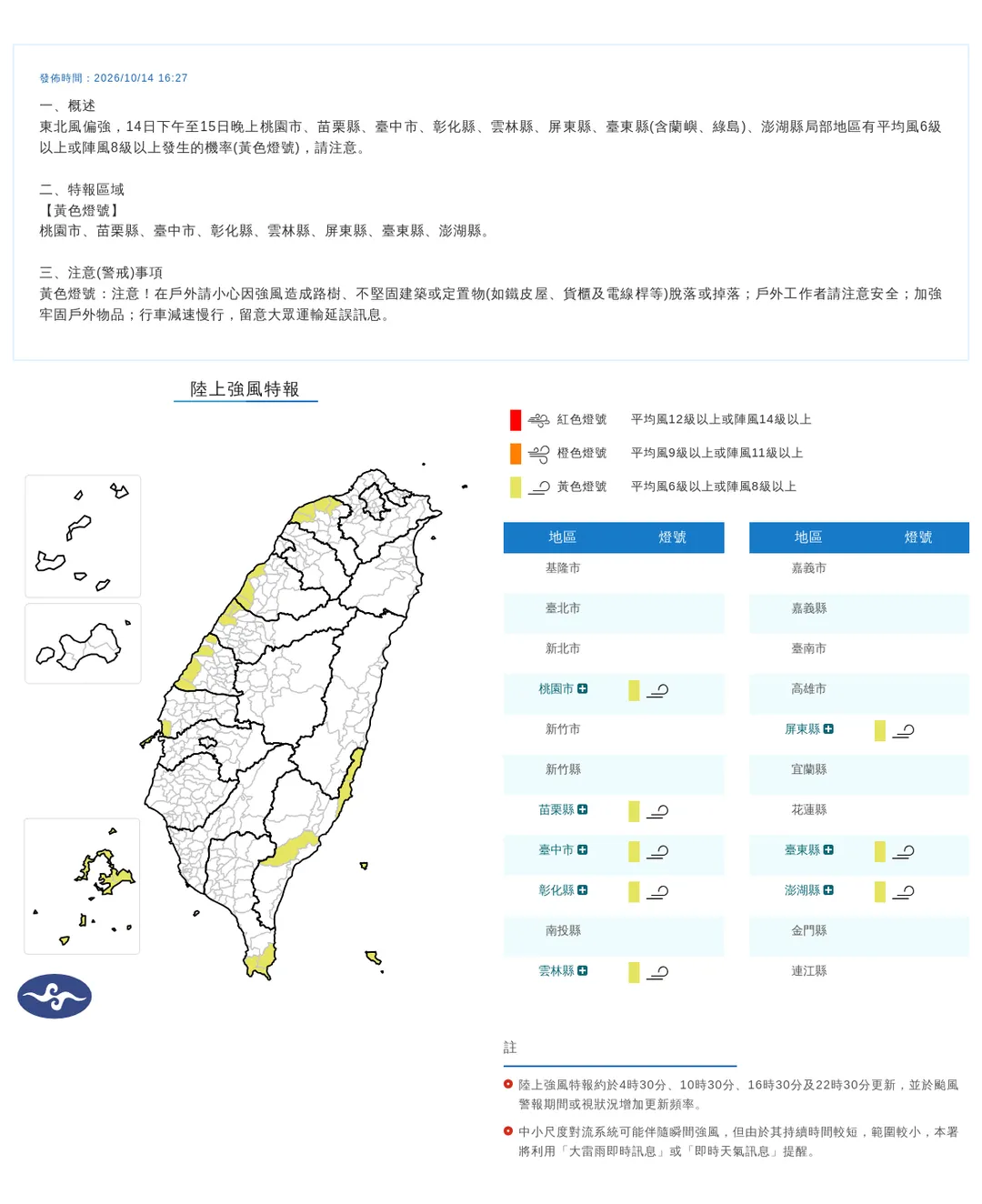 中央氣象署於14日下午發布最新陸上強風特報。（圖／氣象署）