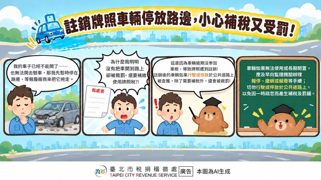 註銷牌照車輛停放路邊,小心補稅又受罰。(圖/台北市稅捐稽徵處提供)