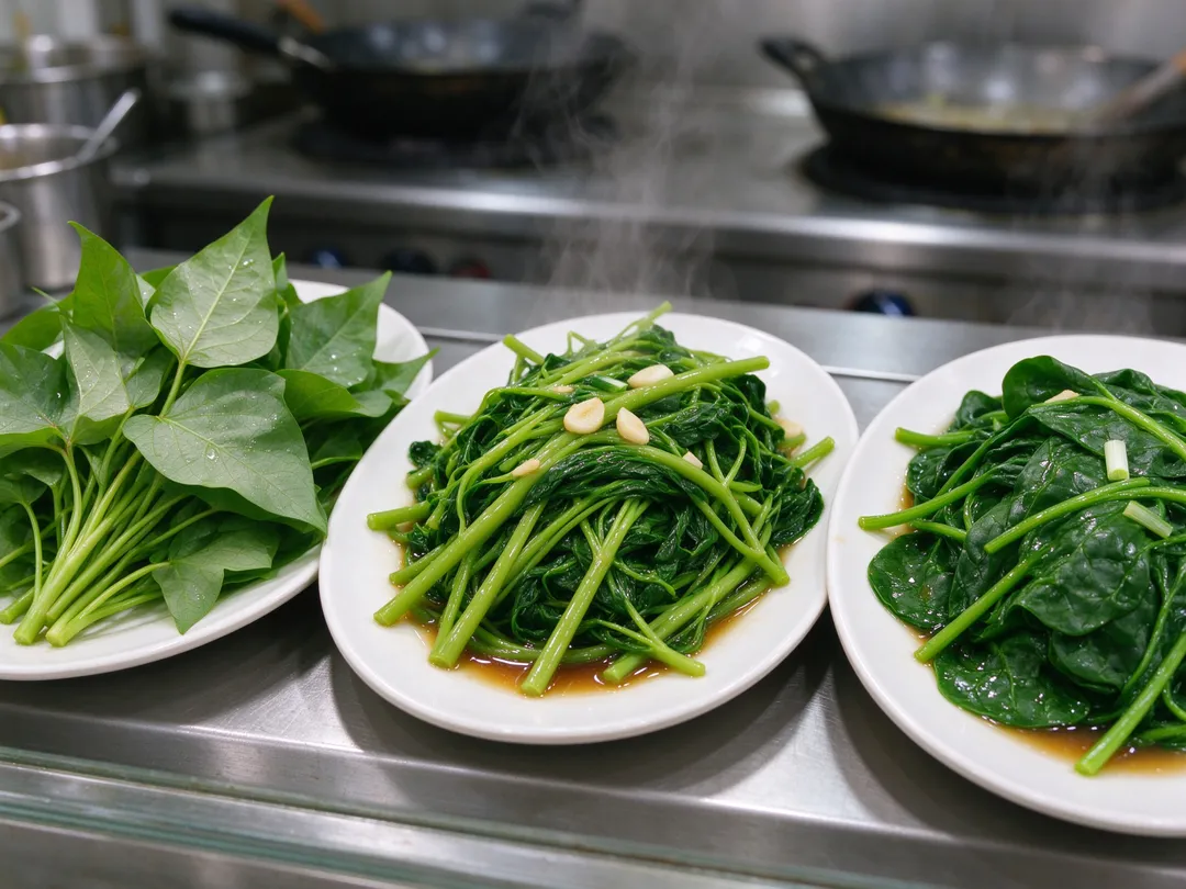 針對外食族，彭逸珊推薦5種補纖選擇。小吃店可點地瓜葉、空心菜、菠菜等燙青菜。（示意圖／AI生成圖）