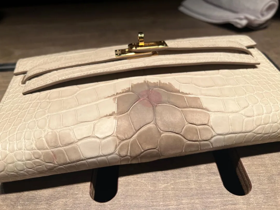 貴婦苗安妮的愛馬仕Kelly To Go包包上明顯可見大塊汙漬。（圖／翻攝自Threads@anni_miao）