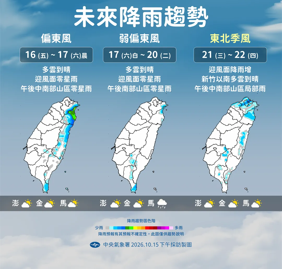 21日東北季風影響前，各地大致多雲到晴，之後迎風面地區降雨將增加。（圖／中央氣象署提供）