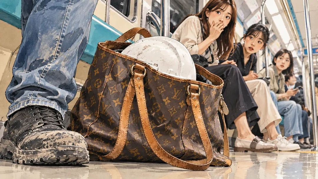 工人在台北捷運車廂將安全帽壓在LV包上，引發討論。（圖／示意圖／AI生成）