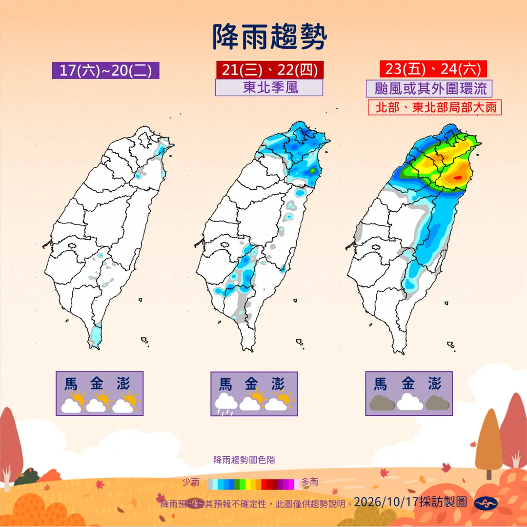 20日東北季風前各地多雲到晴,23日起颱風影響下,北部和東北部雨勢較大。(圖/中央氣象署提供)
