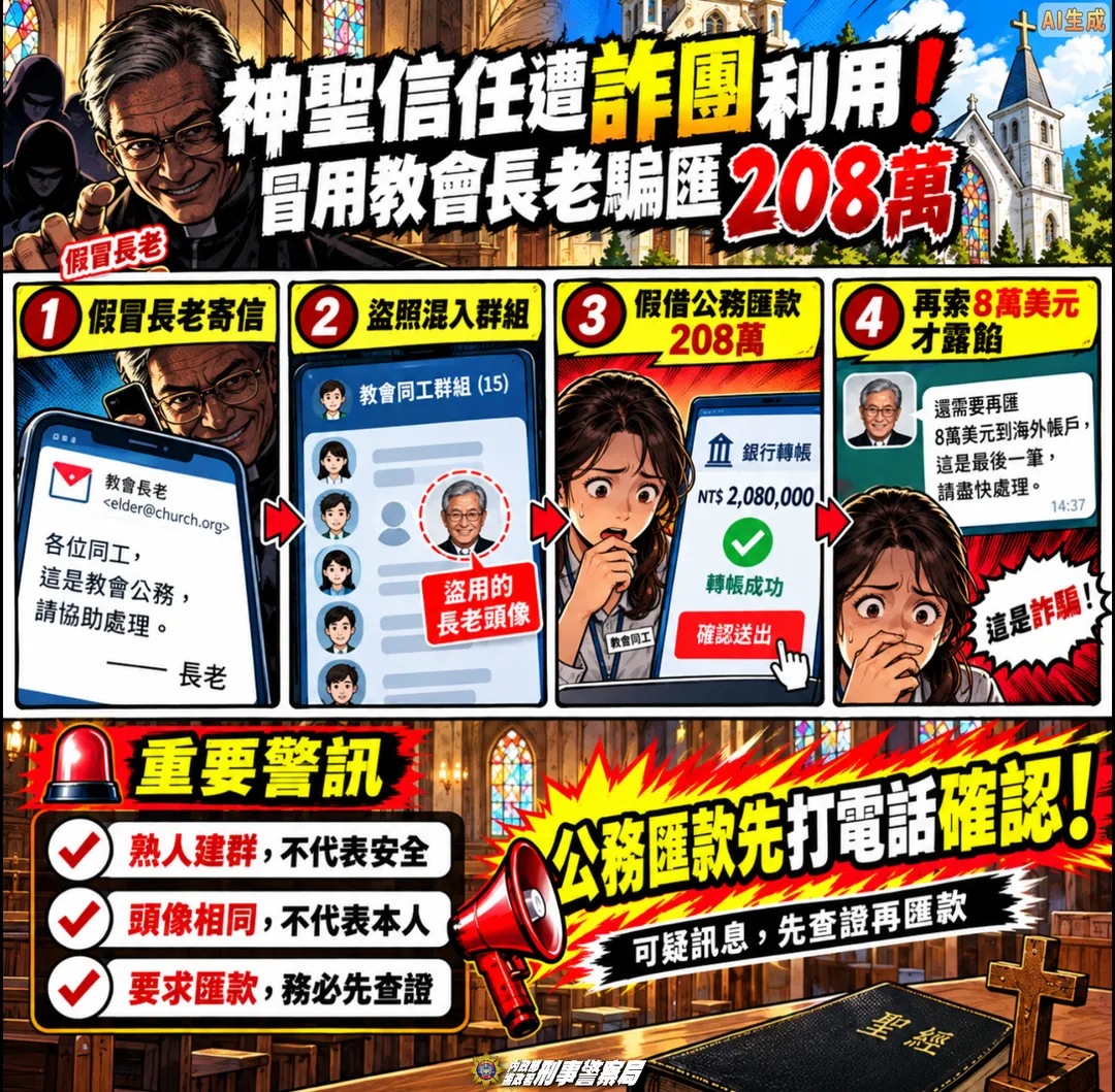 近期出現詐團假冒教會長老行騙案例。（圖／警方提供）