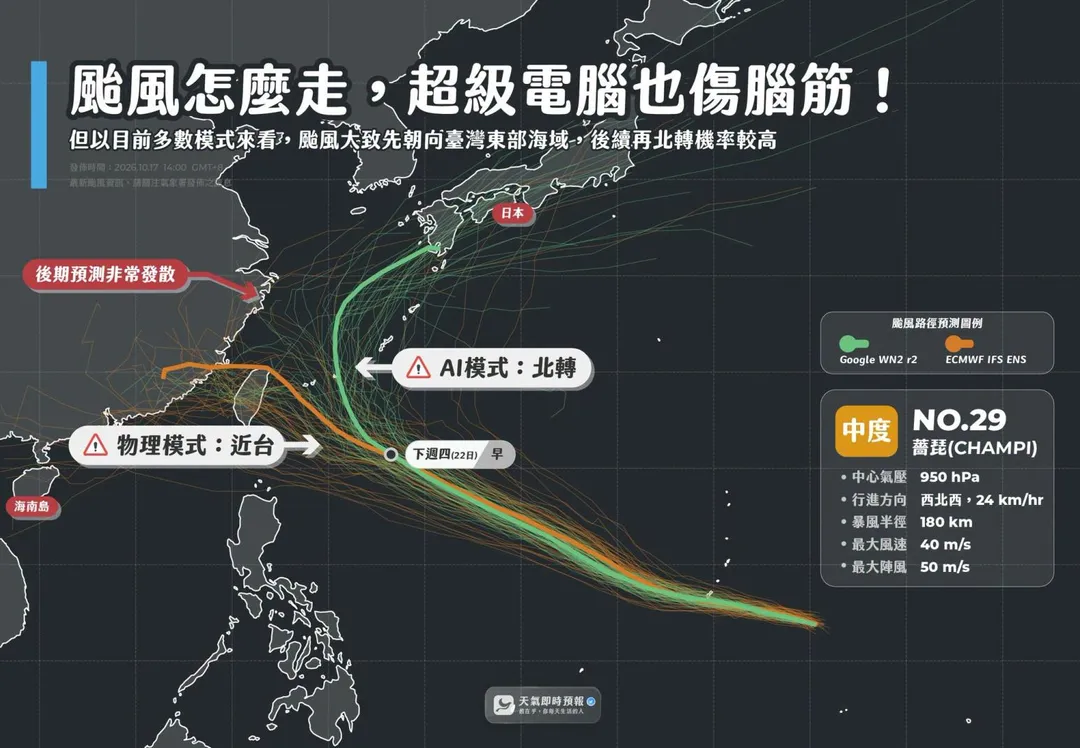 物理模式與AI模式目前對薔琵颱風的路徑預報結果差異大。（圖／翻攝自Facebook@天氣即時預報）