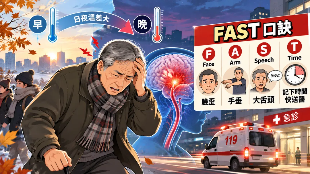 中風發作時，民眾可記住國民健康署推廣的FAST口訣：「臉歪、手垂、大舌頭，記下時間快送醫」。（示意圖／AI生成圖）