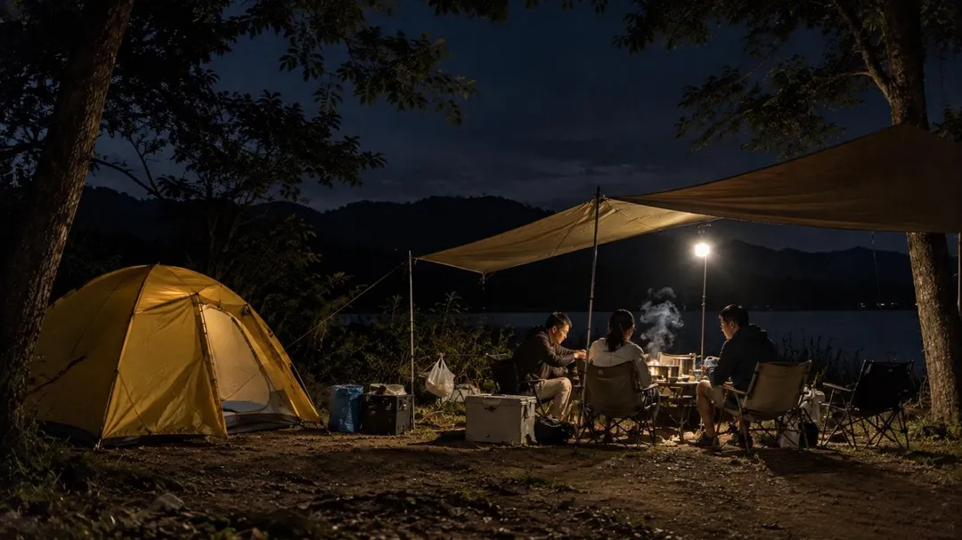 戶外露營帳篷隔音微弱，夜間低底噪環境極易將帳內音量大幅放大。（圖／示意圖／AI生成）