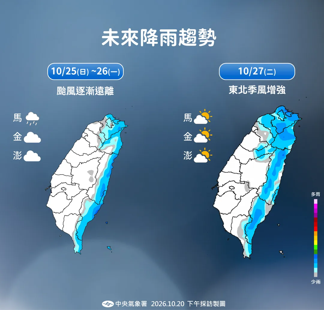 颱風遠離後，27日可能有新1波東北季風接力帶來降雨。（圖／中央氣象署提供）