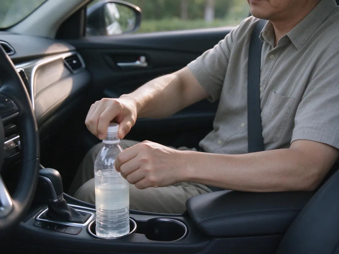 瓶裝飲料喝幾口後蓋緊瓶蓋，放在車上，下午再拿起來喝，看似方便卻可能忽略食品保存風險。（示意圖／AI生成圖）