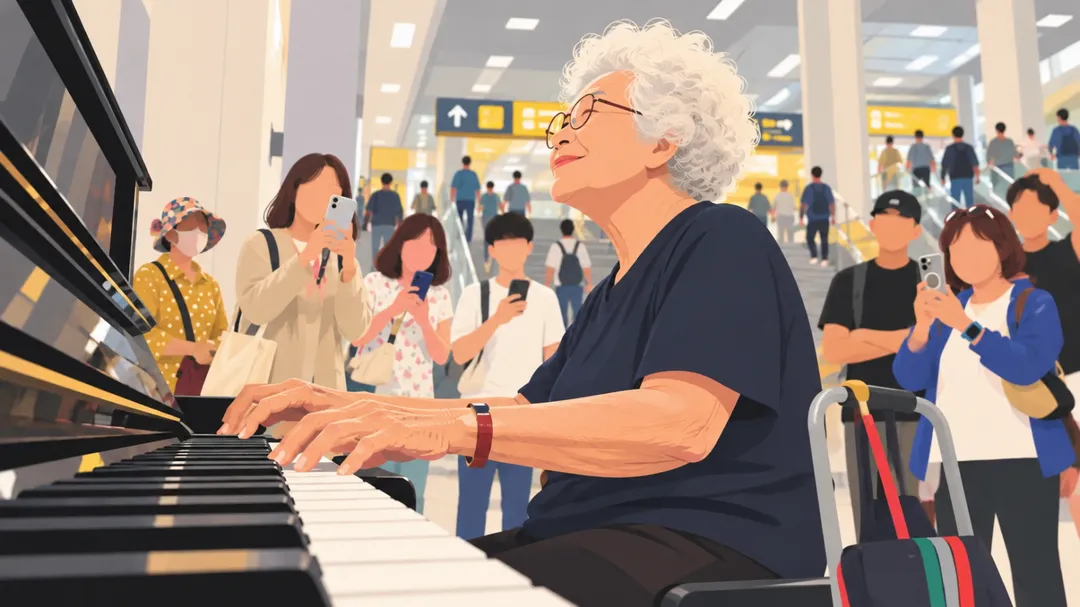 一名網友分享近日在台南地下化新車站大廳目擊一場「感動的音樂會」。（示意圖／AI製圖）