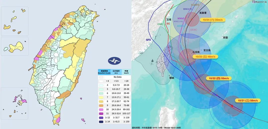 薔琵颱風還未完全靠近台灣，21日已在雲林沿海等地颳起將近10級陣風，北部、花東沿海和山區也出現約9級陣風。（圖／翻攝自Facebook@觀氣象看天氣）
