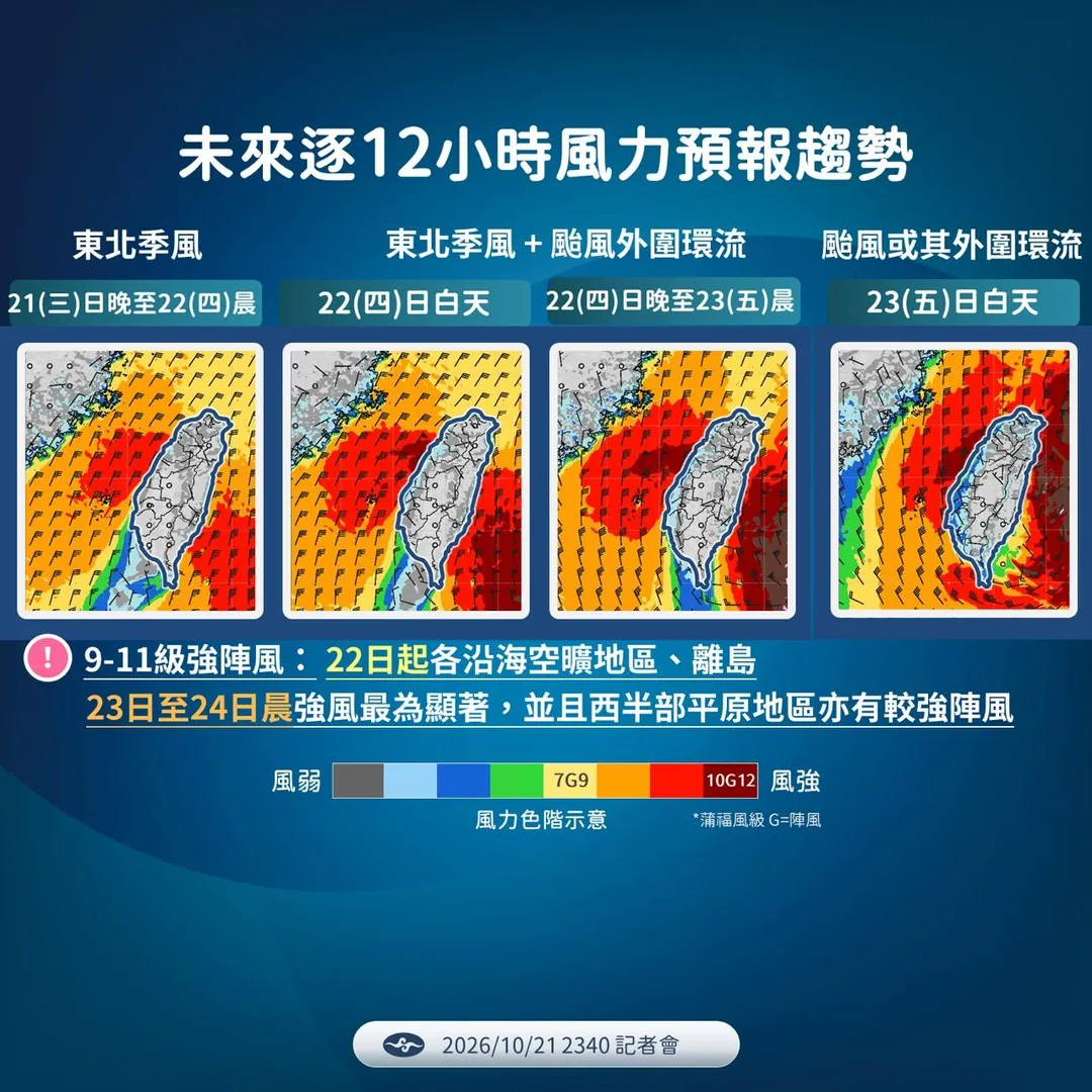 薔琵強風逼近台灣，狂颳11級陣風。（圖／中央氣象署）