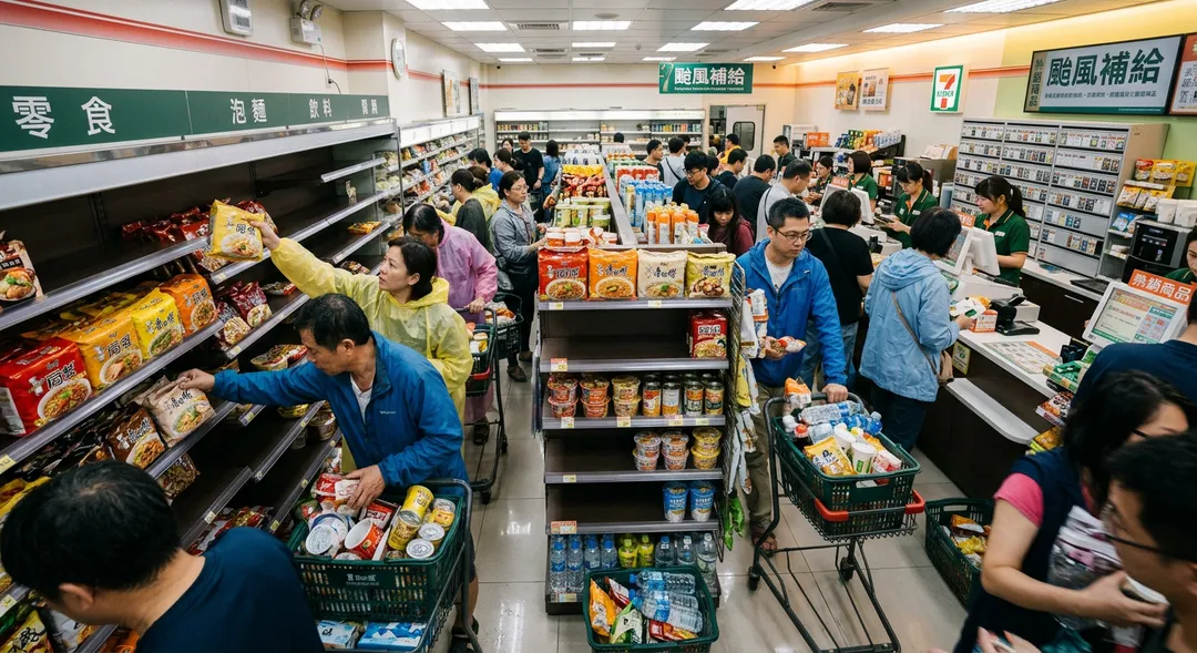 強烈颱風薔琵逼近且連假將至，四大超商全面加強物資備貨。（AI生成照/中天新聞）