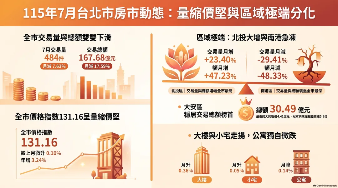 7月台北房市買氣降溫，總交易量較上月減少7.63%。（圖／AI製表）