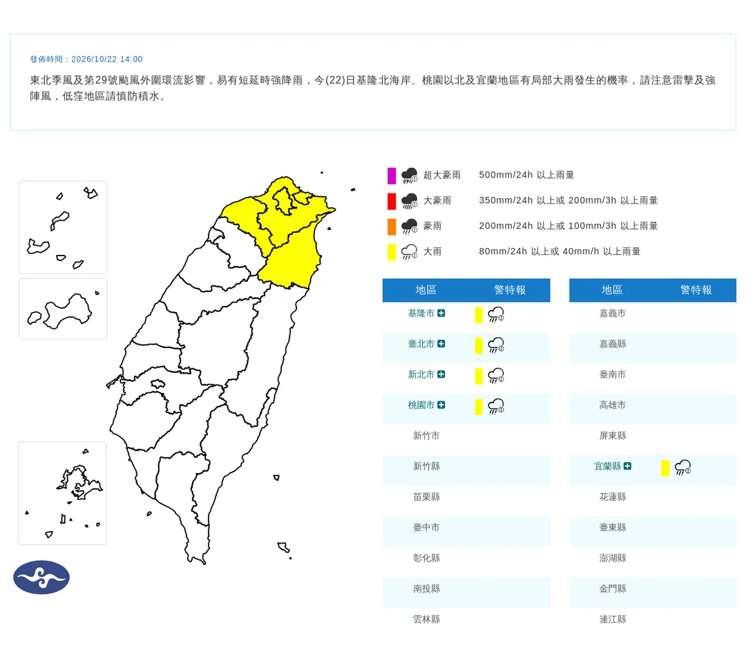 中央氣象署今（22）日14時發布5縣市大雨特報。（圖／中央氣象署提供）