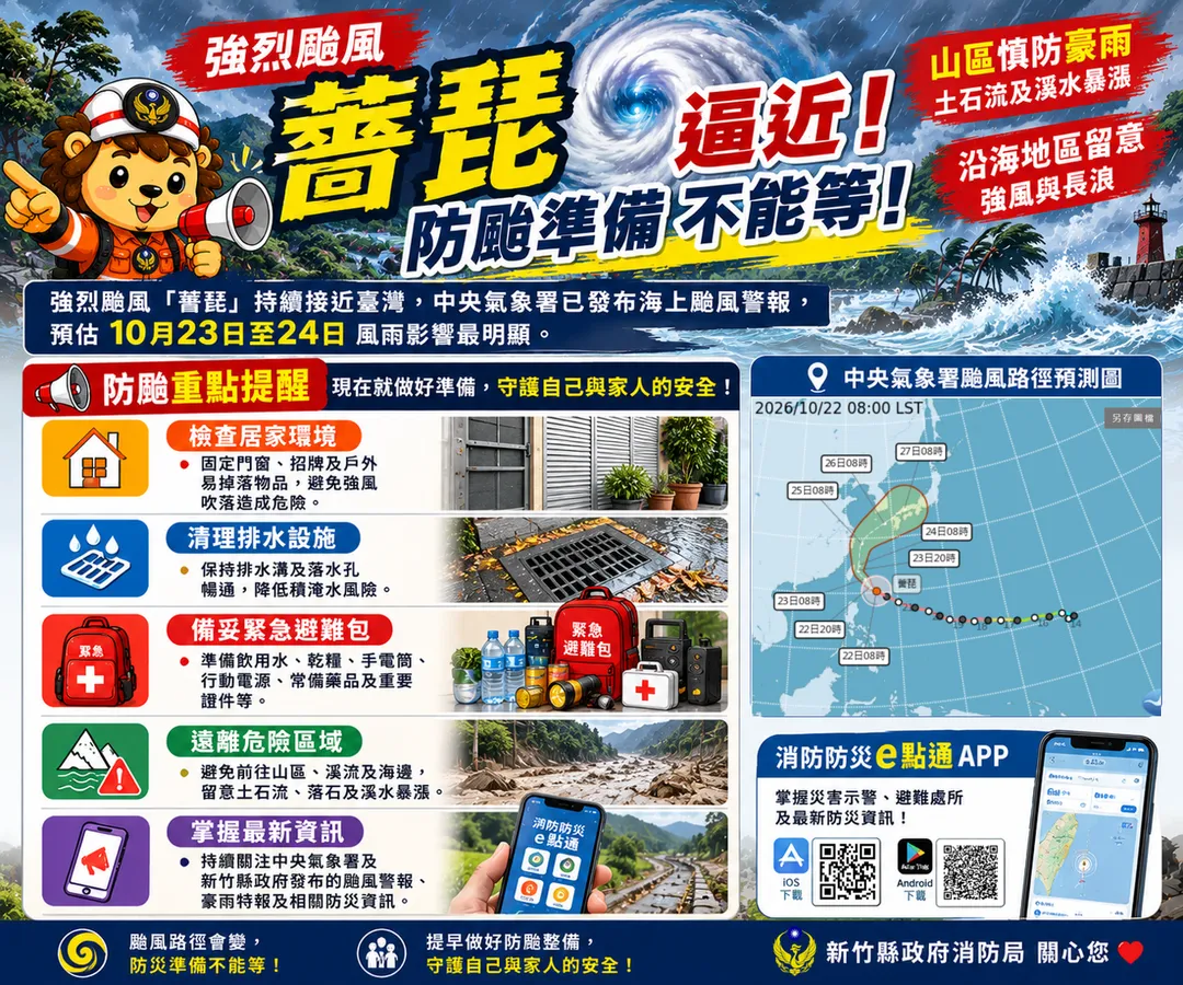 強颱薔琵逼近，新竹縣政府消防局提醒民眾做好防颱準備。（圖／新竹縣政府消防局提供）