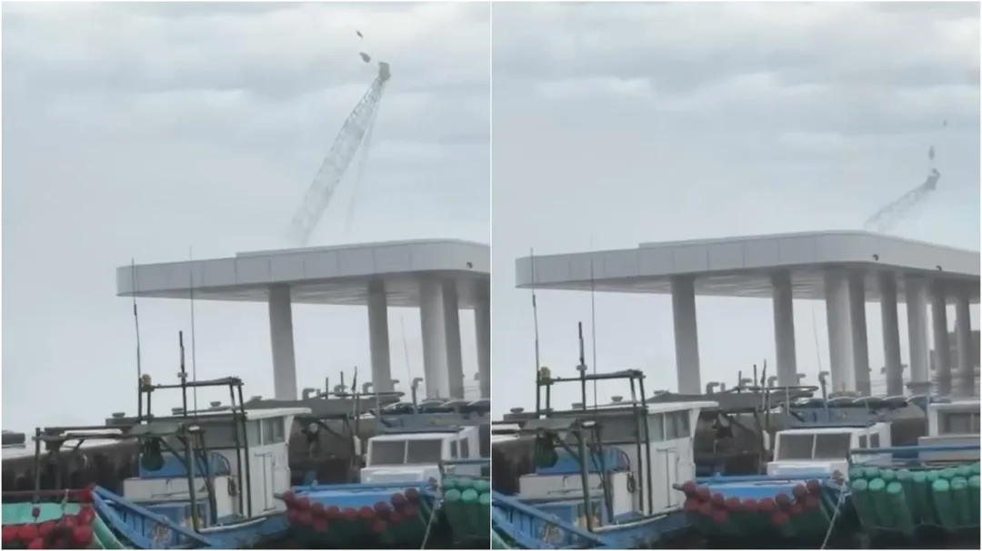 富岡漁港的吊車遭強勁風勢及巨浪沖倒。（圖／threads網友lin_9_23___授權提供）