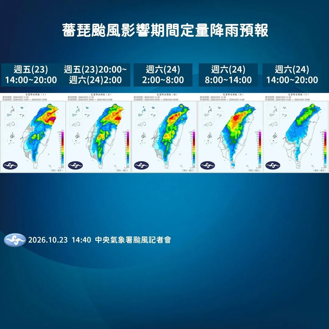 薔琵颱風暴風圈籠罩台灣，10級風暴風圈則將在23日傍晚起接觸陸地，各地在24日白天前風雨明顯。（圖／中央氣象署提供）
