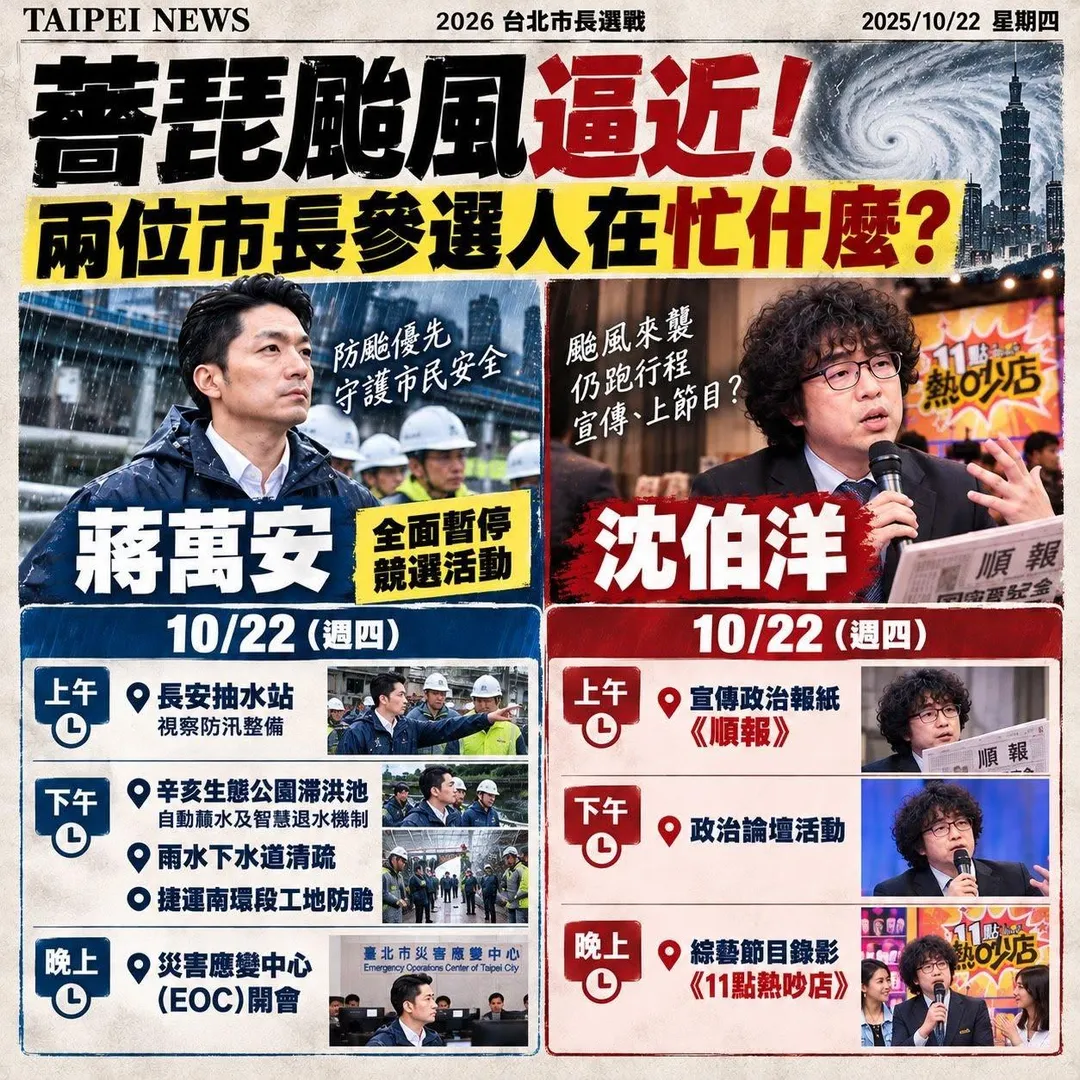 圖卡比對蔣萬安忙防颱、沈伯洋跑選舉。(圖/翻攝賴士葆臉書)