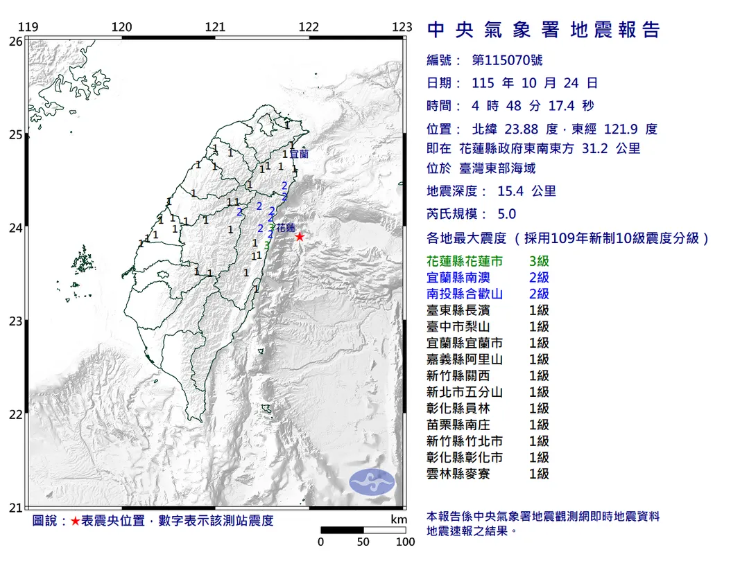 中央氣象署發布顯著有感地震報告,台灣東部海域於今(24)日清晨4時48分17秒發生芮氏規模5.0地震。(圖/氣象署提供)