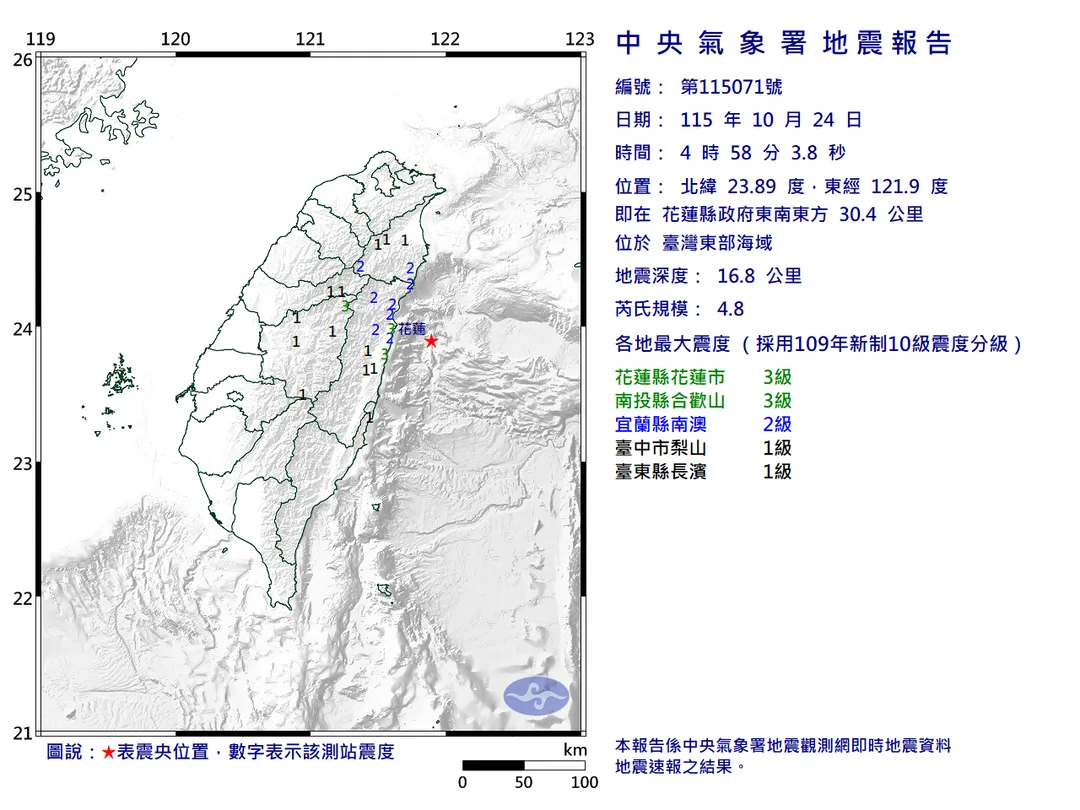 今（24）日清晨4時58分03秒，台灣東部海域再發生芮氏規模4.8地震。（圖／氣象署提供）