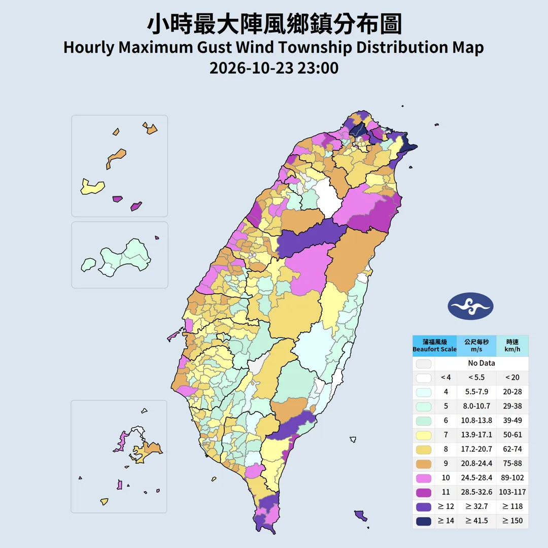 中央氣象署公布，陽明山區最大陣風於士林區文化大學及北投區大屯山站達驚人的14級。（圖／氣象署提供）