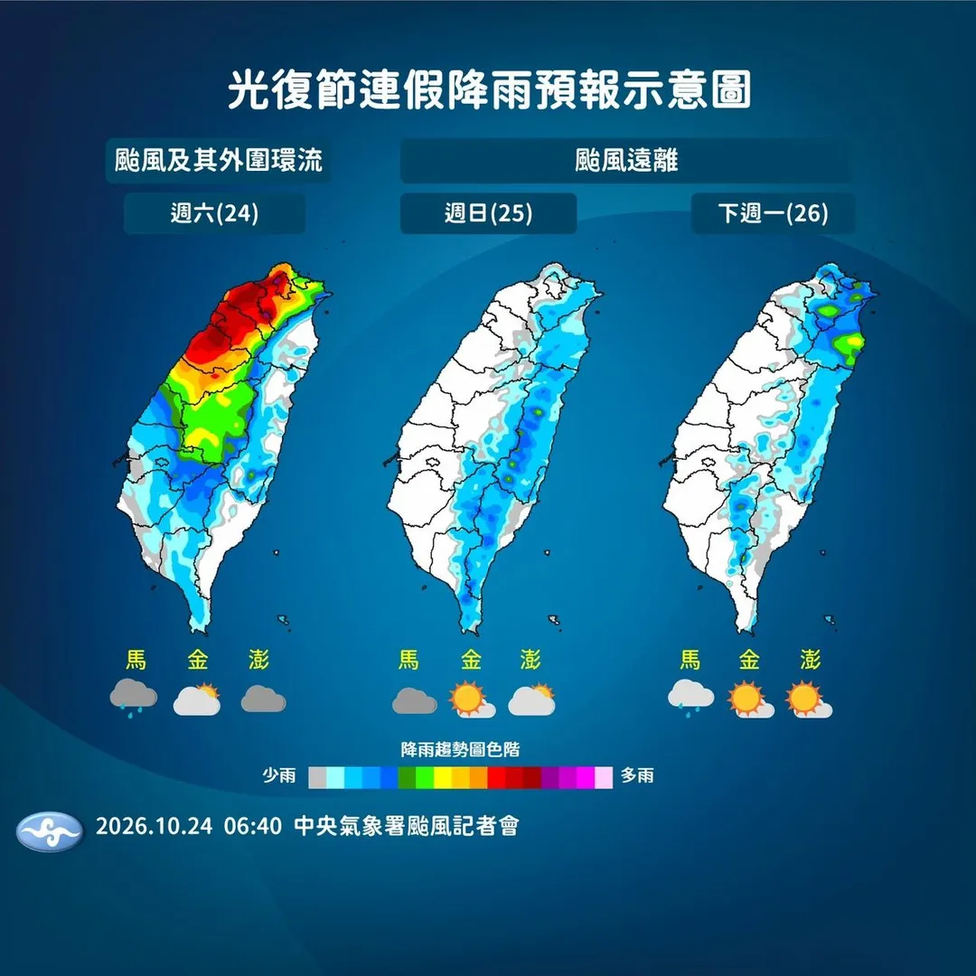 光復節連假降雨預報示意圖。（圖／氣象署提供）