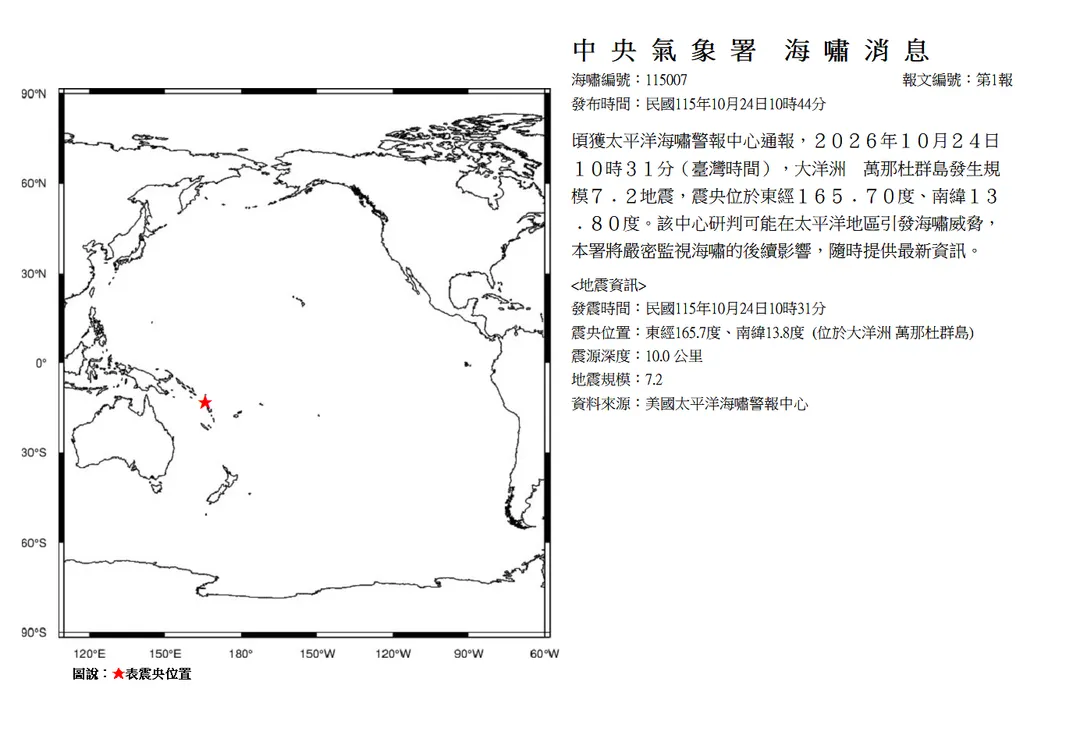氣象署發布海嘯消息。（圖／中央氣象署）