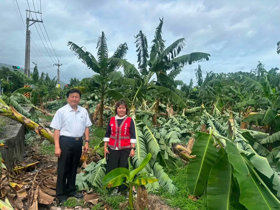 薔琵颱風強風豪雨侵襲，花蓮農業遭受嚴重衝擊，傅崐萁24日偕花蓮縣議員林玉芬勘災，了解農損情況。（圖／翻攝傅崐萁臉書）