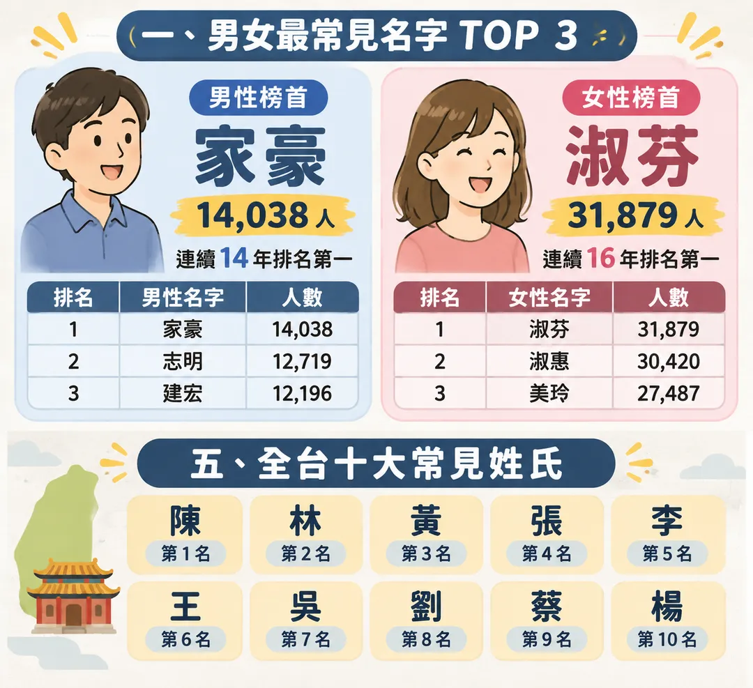 常見姓氏排行榜中，陳、林、黃、張、李、王、吳、劉、蔡、楊分列前十大。（圖／AI製表）