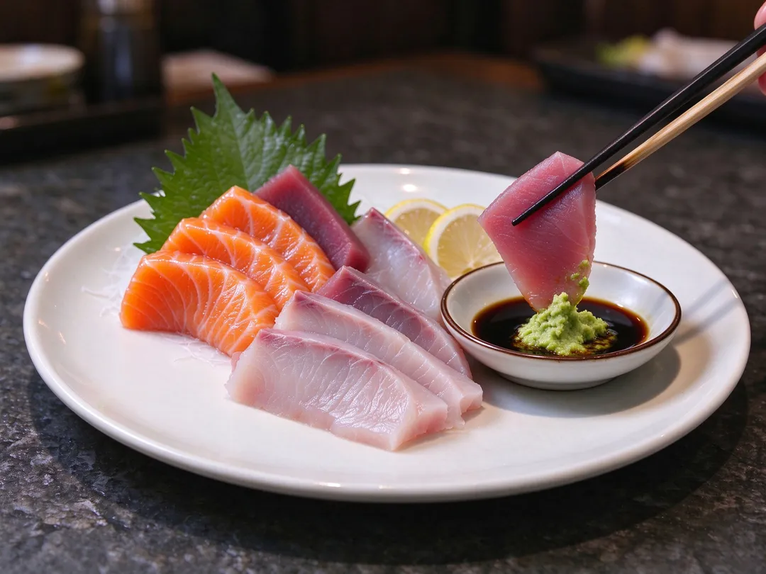 吃生魚片時，不少人習慣多沾芥末，認為能殺菌、殺蟲，但重症醫師黃軒提醒，芥末的嗆辣感不代表具有殺蟲效果。（示意圖／AI生成圖）