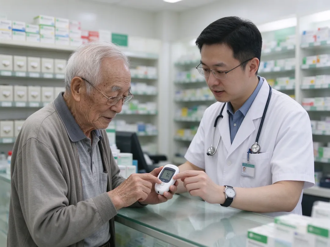 一名70多歲男子長期服用降血糖藥,原本控制穩定,最近早晨血糖卻升至180多,擔心血糖機故障,帶著機器到藥局求助。(示意圖/AI生成圖)