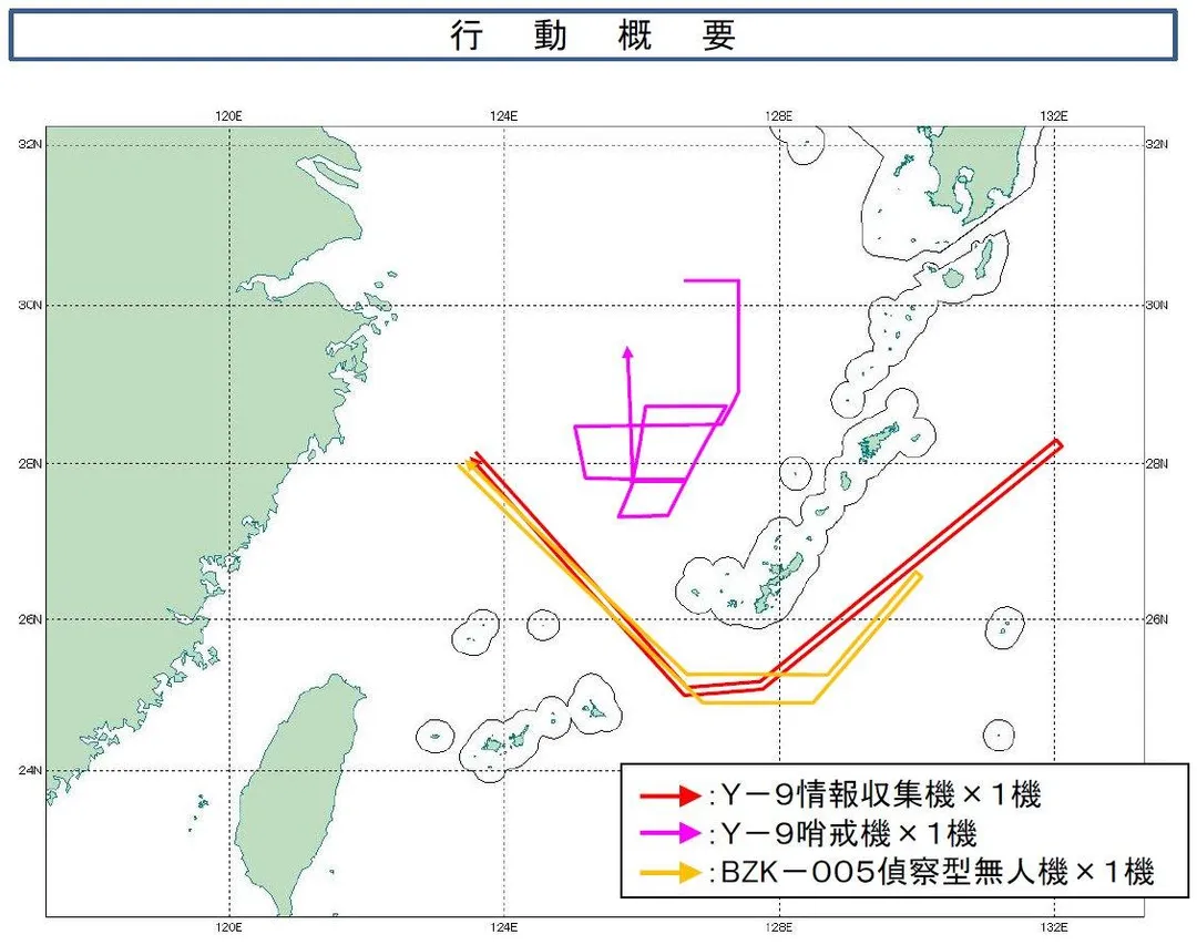 日本防衛省28日公布大陸海警船與海軍艦艇27日通過鹿兒島縣外海大隅海峽的路徑紀錄。(圖/翻攝自X@jointstaffpa)