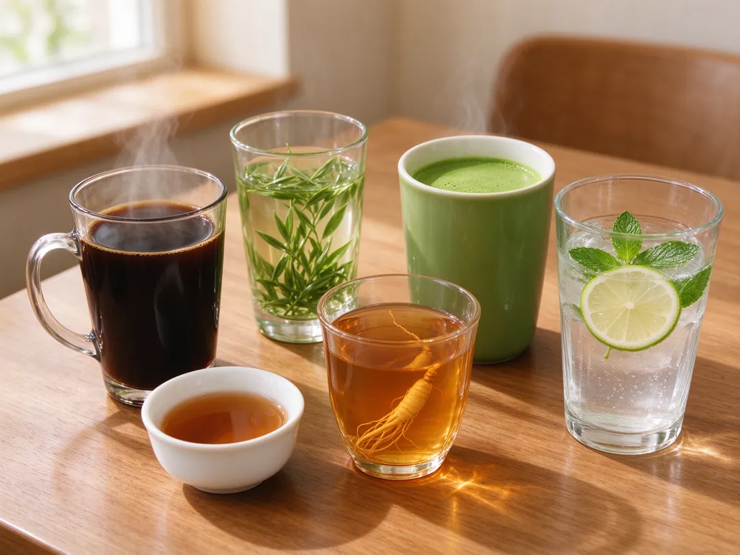 除了咖啡、綠茶、抹茶等含咖啡因飲品，也可以選擇康福茶、溫熱薑茶、人蔘飲及薄荷檸檬水，為早晨增添不同風味。（示意圖／AI生成圖）