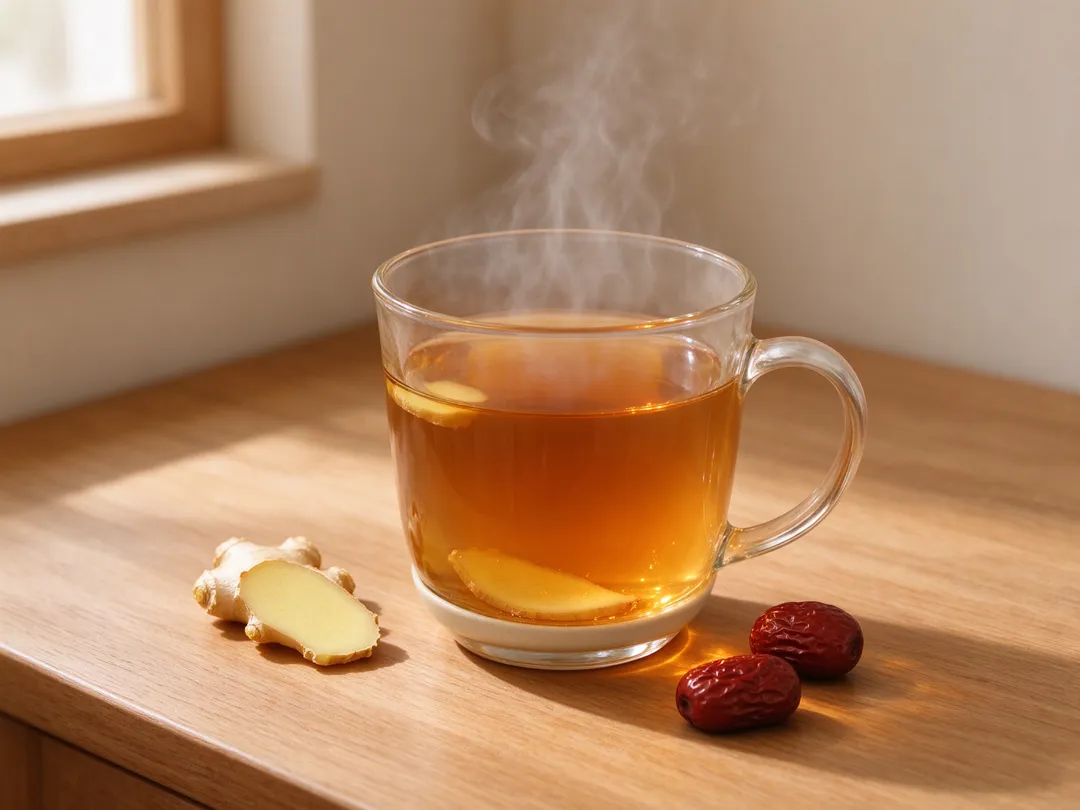至於不含咖啡因的飲品，彭逸珊推薦溫熱薑茶適合天氣微涼時飲用，其中含有薑辣素。（示意圖／AI生成圖）