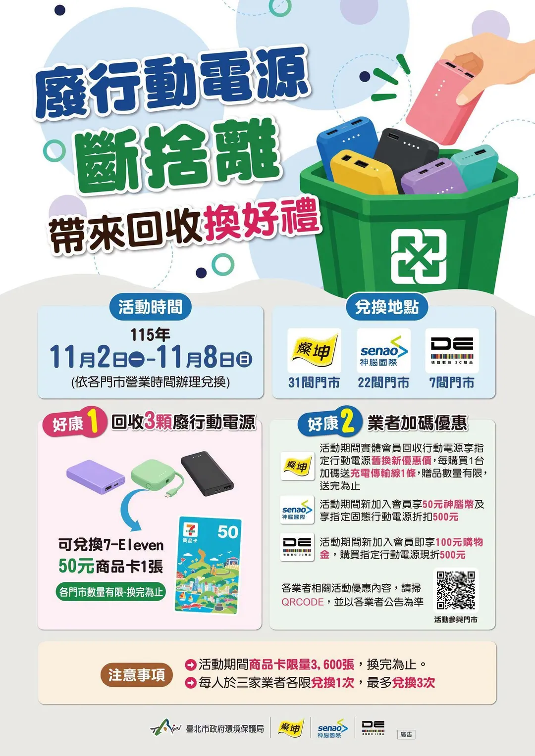 台北市環保局11月2日至8日推動廢行動電源回收活動,最高可換150元商品卡。(圖/台北市環保局)