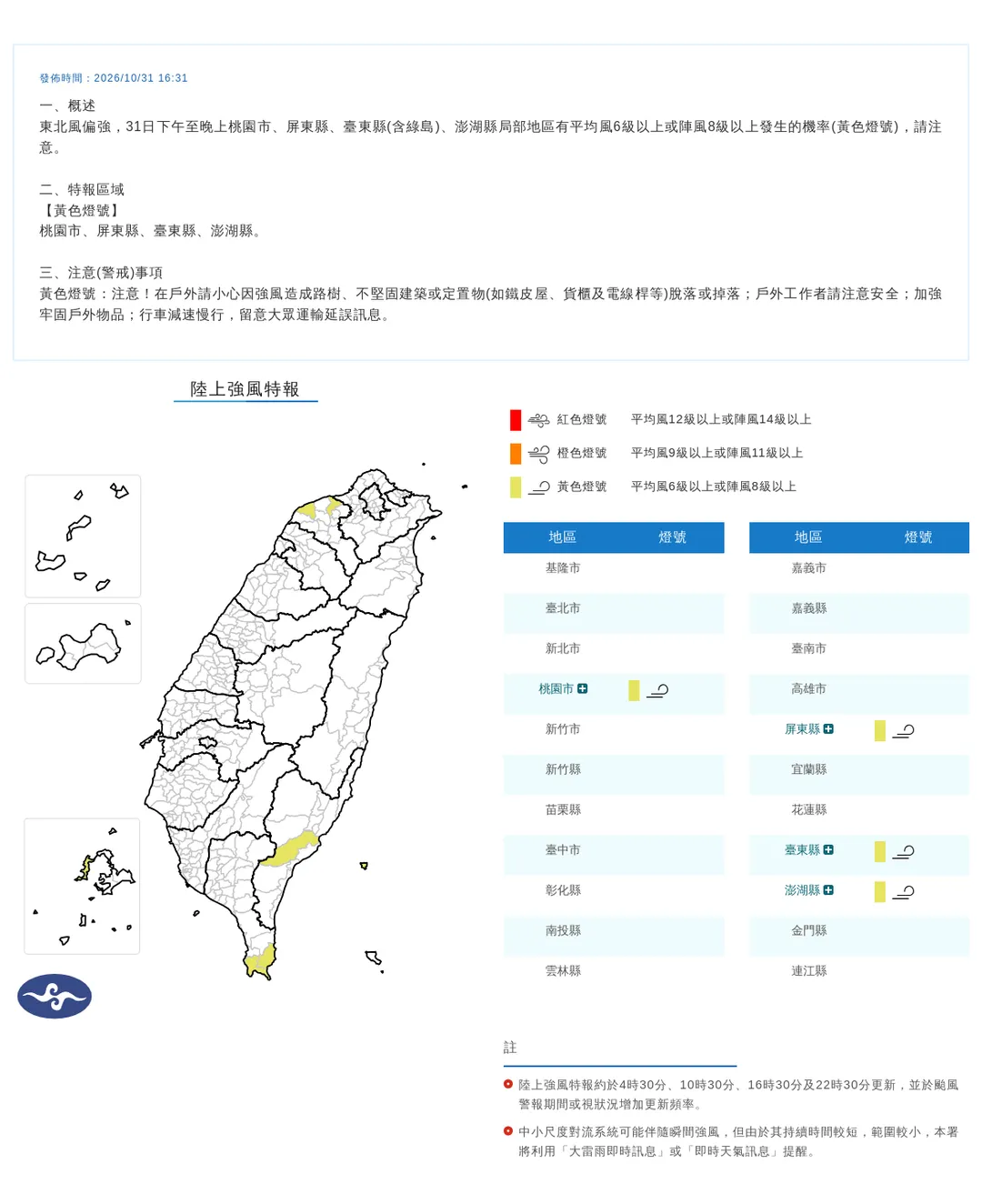 氣象署31日發布4縣市陸上強風特報，需提防8級強陣風發生到入夜。（圖／中央氣象署提供）