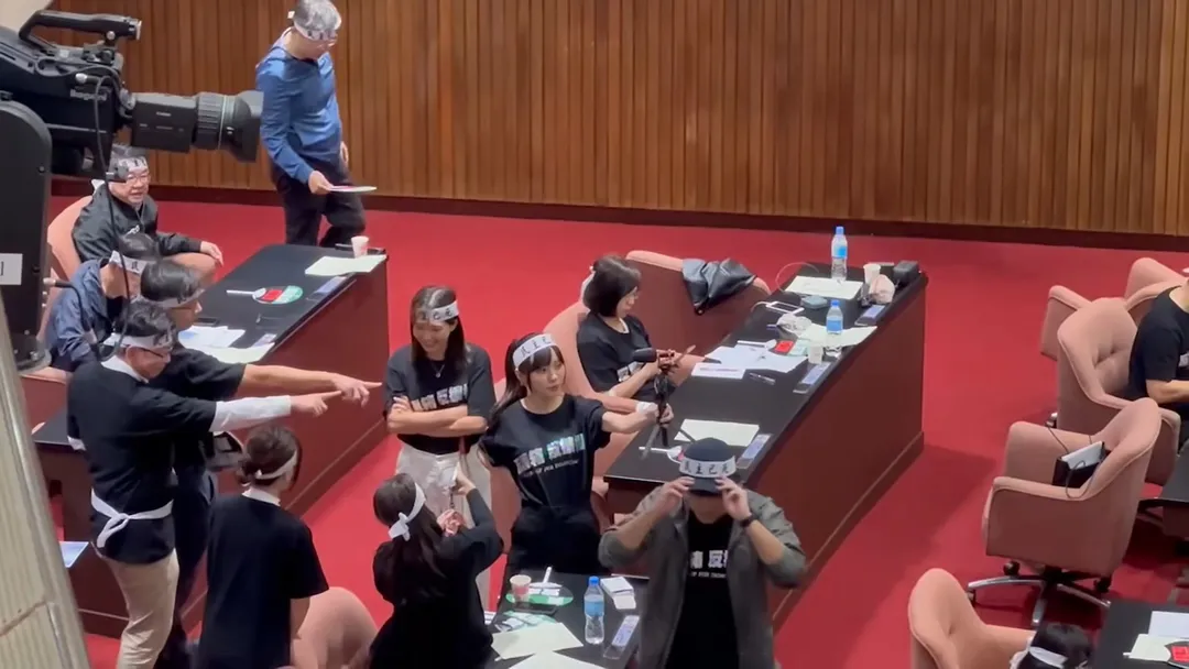 民進黨立委又在殿堂內跳舞，而且是最近風靡全球的＜晚安大小姐＞的舞蹈。（圖／中天新聞）
