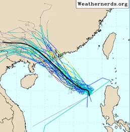 最新歐洲系集模式(ECMWF)的模擬亦顯示，系集平均路徑通過廣東珠江口西側，各別模擬路徑的分散程度，代表其「不確定性」。(圖／翻攝自「洩天機教室」專欄)。