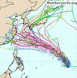 最新歐洲(ECMWF)模式系集模擬顯示，第6至第10天，其強度持續增強，但其移速逐漸減慢、並在琉球附近北轉；系集模式的各別模擬路徑、相當分散。（圖／翻攝自「洩天機教室」）