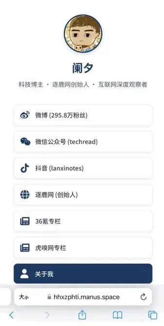 Manus製作的Linktree風格的個人網站。（圖／翻攝自微博）