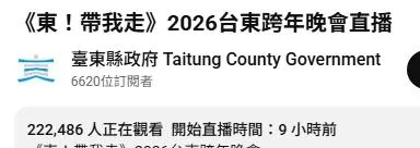 台東縣政府的YouTube直播觀看人次在12月31日倒數前已達22萬2486人次。(圖/翻攝自YouTube@planning089)