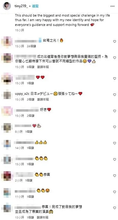 網友留言祝福Tiny。(圖/翻攝自Tiny IG)
