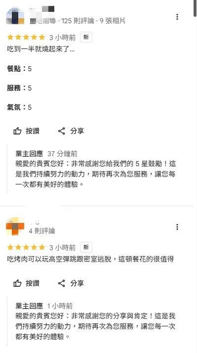 顧客紛紛上來給「5星負評」，疑似店家系統自動回覆竟出現「謝謝鼓勵」。（圖／翻攝該店的Google評論區）