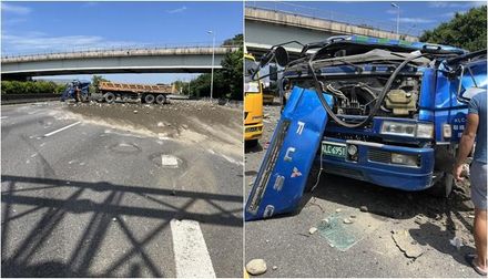 快訊／砂石車橫躺路中央…國一神岡回堵9km紫爆！6旬男受困車裡下不來