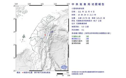 快訊/極淺層地震深度僅5公里！花蓮南投交界規模4.1最大震度3級