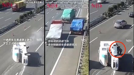 房車驚悚側翻高速公路　路過司機英勇「連救3人」畫面曝光！全網大讚