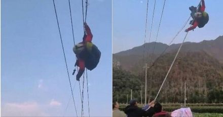 影/飛到一半GG了…玩滑翔傘降掛在電纜線上　他驚喊「幫幫忙」靠村民搭梯脫困