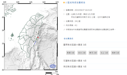 快訊/地牛翻身！震央花蓮縣近海　規模4.1有感地震
