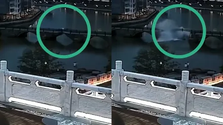 影/廣東古橋坍塌2人墜河1失蹤　騎車男跌落水畫面曝光